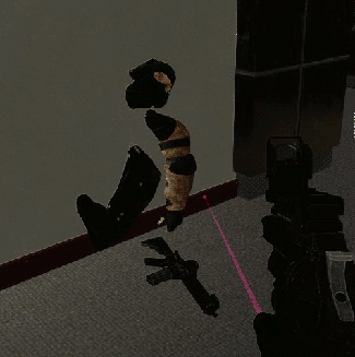 a swat guy half-stuck inside a wall